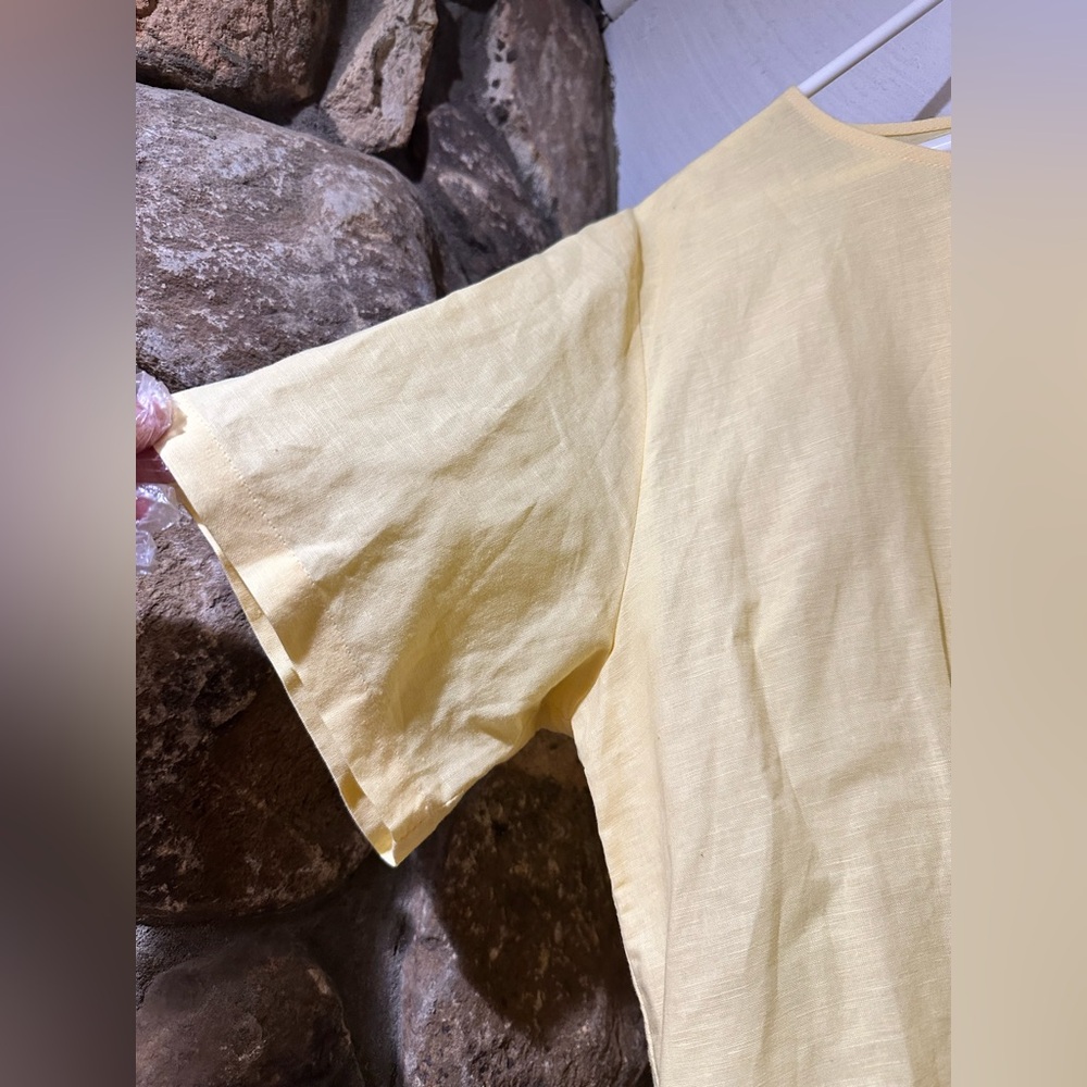 Vintage Handmade Linen Cotton Blend Midi Dress butter Yellow Cottagecore Size L - Picture 5 of 14